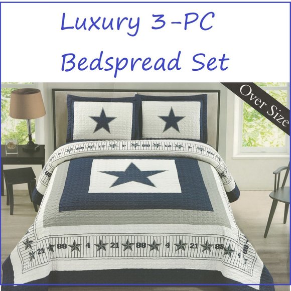 3 Piece Quilted Bedspread Set - Dallas Cowboys Blue Star Queen & King Size - Picture 1 of 2